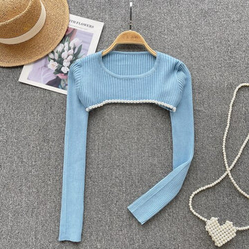 Getadme Elegant Sweet Long Sleeve Hollow Out Knit Pullover Korean Fashion Casual Sweater Autumn Winter Women Knitwear Crop Tops